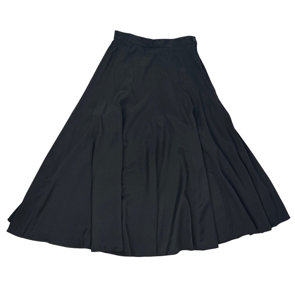 Oleg Cassini Vintage 100% Silk Midi Skirt Black High Waisted Flare Size 6